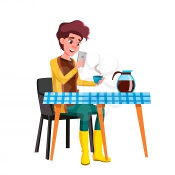 Girl Teen Using Smartphone During Breakfast Vector. Happiness Laughing Teenager Drinking Coffee Energy Drink And Use Smartphone. Character Reading Message Or Watching Video Flat Cartoon Illustration