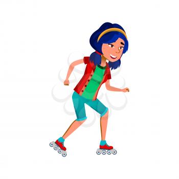 School Girl Riding Roller Skates Outdoor Vector. Asian Happy Schoolgirl Teenager Ride Roller Skates In Park Or Track. Character Young Lady Skating Sportive Active Time Flat Cartoon Illustration