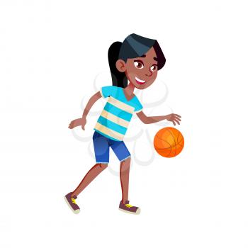 School Girl Playing Basketball Sport Game Vector. African Schoolgirl Player Energy Play Basketball With Ball. Character Teenager Athlete Sportive Championship Flat Cartoon Illustration
