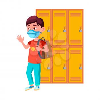 Schoolboy Wearing Mask In School Corridor Vector. Teenager Pupil With Backpack Wear Health Protection Facial Mask In College. Character Standing Near Storage Boxes Flat Cartoon Illustration