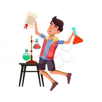 Boy Teenager Celebrate Scientific Discovery Vector. Asian Teen Gut Holding Laboratory Flask With Chemical Liquid And Certificate Celebrating Science Achievement. Character Flat Cartoon Illustration