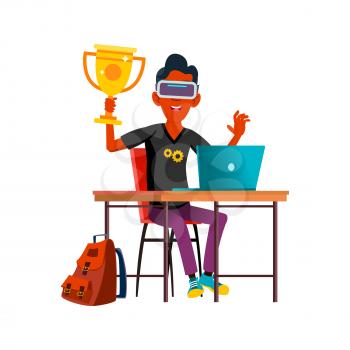 Boy Teen Celebrating Victory In Cybersport Vector. Hispanic Teenager Holding Golden Cup Celebrate Victory In Video Game Sport Championship. Character Achievement Flat Cartoon Illustration