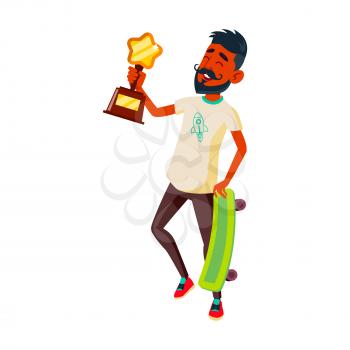 Boy Teenager Athlete Celebrate Victory Vector. Indian Teen Guy Holding Skate Board And Golden Cup Reward Celebrating Achievement In Extreme Sport. Character Flat Cartoon Illustration