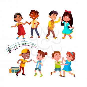 Boy And Girl Children Dancing Together Set Vector. Happiness Multiracial Kids Couple Dancing Rhythmic Dance. Characters Schoolboys And Schoolgirls Enjoying Flat Cartoon Illustrations