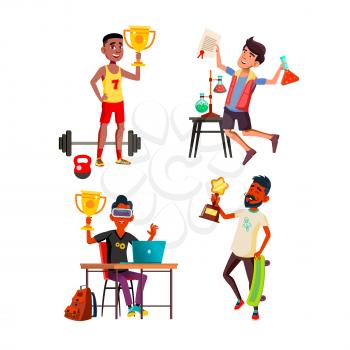 Teen Boy With Winning Trophy Cup Award Set Vector. Teenager Celebrate Victory And Trophy Cup In Sport Competition, Video Game Championship And Science Discovery. Characters Flat Cartoon Illustrations
