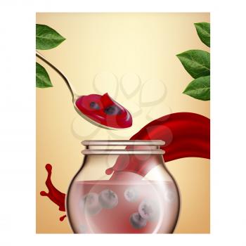 Blueberry Jam Creative Promotional Banner Vector. Blueberry Jam Taking With Spoon From Blank Glass Bottle And Berries, Bush Leaves And Splash On Advertising Poster. Style Concept Template Illustration