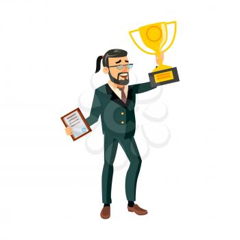 happy man won award and certificate on competition cartoon vector. happy man won award and certificate on competition character. isolated flat cartoon illustration