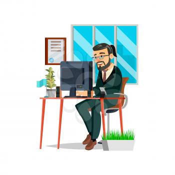 businessman guy writing message on computer cartoon vector. businessman guy writing message on computer character. isolated flat cartoon illustration