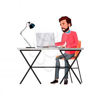 man entrepreneur working on laptop at table cartoon vector. man entrepreneur working on laptop at table character. isolated flat cartoon illustration