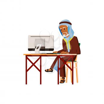 serious old man ceo chatting with employee on computer cartoon vector. serious old man ceo chatting with employee on computer character. isolated flat cartoon illustration