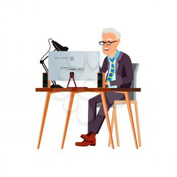 happy mature man reading funny book on computer cartoon vector. happy mature man reading funny book on computer character. isolated flat cartoon illustration