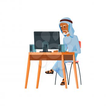aged muslim man working on computer in office cartoon vector. aged muslim man working on computer in office character. isolated flat cartoon illustration