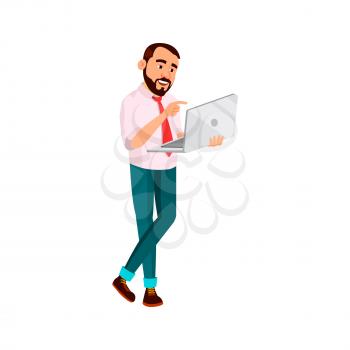 adult man writing e-mail message to partner on laptop cartoon vector. adult man writing e-mail message to partner on laptop character. isolated flat cartoon illustration
