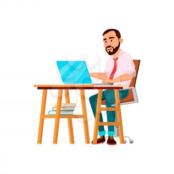 concentrated adult man searching mistakes in report on computer cartoon vector. concentrated adult man searching mistakes in report on computer character. isolated flat cartoon illustration