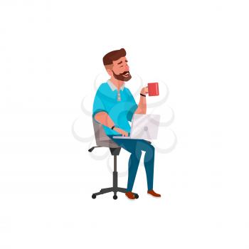 young man drinking tea and check mail on laptop cartoon vector. young man drinking tea and check mail on laptop character. isolated flat cartoon illustration