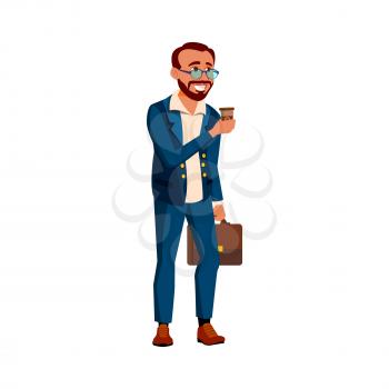 happy man team leader holding suitcase and drink coffee with employees outdoor cartoon vector. happy man team leader holding suitcase and drink coffee with employees outdoor character. isolated flat cartoon illustration