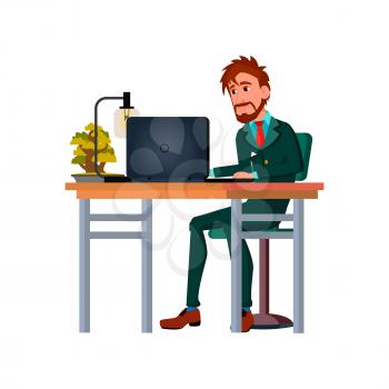 young man planning startup idea on computer cartoon vector. young man planning startup idea on computer character. isolated flat cartoon illustration
