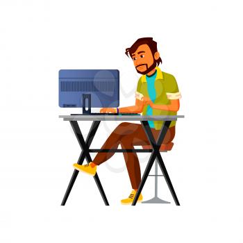 young man watching video courses on computer cartoon vector. young man watching video courses on computer character. isolated flat cartoon illustration