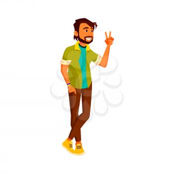 happy man gesturing peace to colleagues on corporate party cartoon vector. happy man gesturing peace to colleagues on corporate party character. isolated flat cartoon illustration