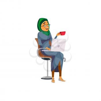 laughing islamic woman drinking tea and watch film on laptop cartoon vector. laughing islamic woman drinking tea and watch film on laptop character. isolated flat cartoon illustration