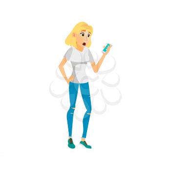 shocked woman getting call from old friend cartoon vector. shocked woman getting call from old friend character. isolated flat cartoon illustration