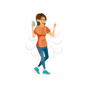 glad woman listening music on phone and singing cartoon vector. glad woman listening music on phone and singing character. isolated flat cartoon illustration