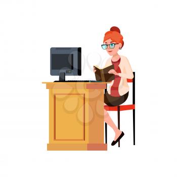 smart woman reading education book at workspace cartoon vector. smart woman reading education book at workspace character. isolated flat cartoon illustration