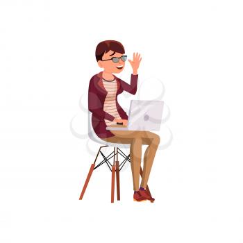 cute woman laughing from humor story on laptop cartoon vector. cute woman laughing from humor story on laptop character. isolated flat cartoon illustration