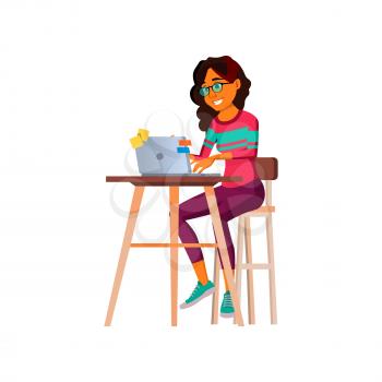 happy woman check social site in internet cafeteria cartoon vector. happy woman check social site in internet cafeteria character. isolated flat cartoon illustration