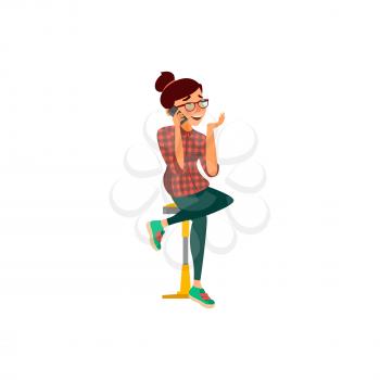 laughing girl speaking with friend on mobile phone in cafeteria cartoon vector. laughing girl speaking with friend on mobile phone in cafeteria character. isolated flat cartoon illustration