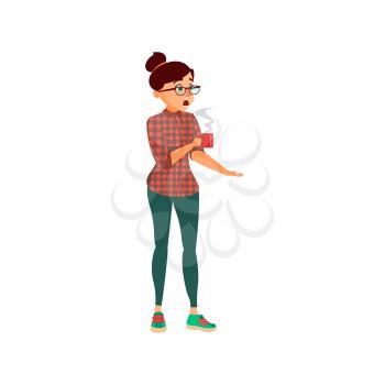 shocked woman holding hot cup with drink in office cartoon vector. shocked woman holding hot cup with drink in office character. isolated flat cartoon illustration