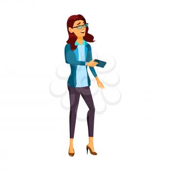 smiling woman watching humor video on smartphone cartoon vector. smiling woman watching humor video on smartphone character. isolated flat cartoon illustration