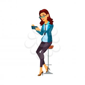happy woman use smartphone in bar cartoon vector. happy woman use smartphone in bar character. isolated flat cartoon illustration