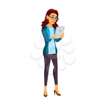 business woman watching funny video on tablet cartoon vector. business woman watching funny video on tablet character. isolated flat cartoon illustration