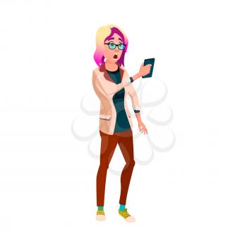 shocked woman received sms on phone from ceo cartoon vector. shocked woman received sms on phone from ceo character. isolated flat cartoon illustration