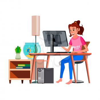 attractive woman freelancer work at home desk and developing cartoon vector. attractive woman freelancer work at home desk and developing character. isolated flat cartoon illustration