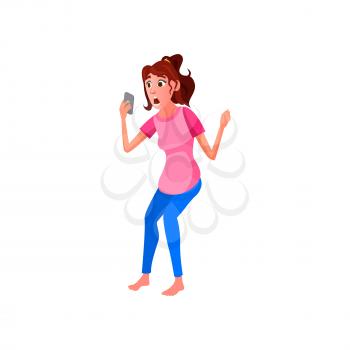shocked young woman read news on smartphone cartoon vector. shocked young woman read news on smartphone character. isolated flat cartoon illustration