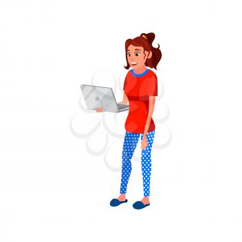 cheerful young woman watching funny video on laptop cartoon vector. cheerful young woman watching funny video on laptop character. isolated flat cartoon illustration