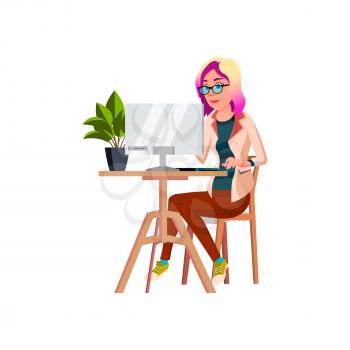 motivated young lady checking e-mails on personal computer at work cartoon vector. motivated young lady checking e-mails on personal computer at work character. isolated flat cartoon illustration