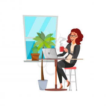 happiness woman drinking coffee working with laptop at desk cartoon vector. happiness woman drinking coffee working with laptop at desk character. isolated flat cartoon illustration