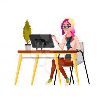 creative young woman drawing digital image on computer cartoon vector. creative young woman drawing digital image on computer character. isolated flat cartoon illustration