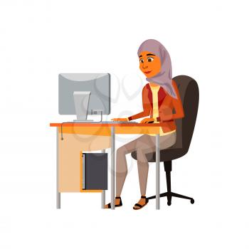 attractive islamic woman work on computer in office cartoon vector. attractive islamic woman work on computer in office character. isolated flat cartoon illustration