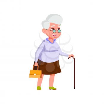 smiling senior lady walking on street with stick and bag cartoon vector. smiling senior lady walking on street with stick and bag character. isolated flat cartoon illustration