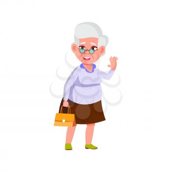 cheerful mature woman greeting friends in mall cartoon vector. cheerful mature woman greeting friends in mall character. isolated flat cartoon illustration
