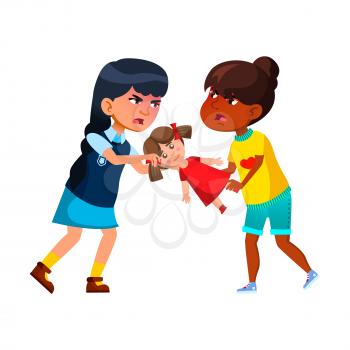 Schoolgirls Fighting And Arguing Over Doll Vector. Asian And Hispanic School Girls Screaming And Arguing Over Toy On Playground. Characters Childhood Problem Flat Cartoon Illustration