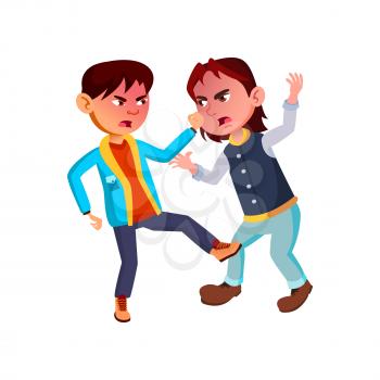 Schoolboys Fighting In School Corridor Vector. Aggressive Asian And Caucasian Boys Fighting On Playground Togetherness. Mad And Crazy Characters Fight And Flat Cartoon Illustration