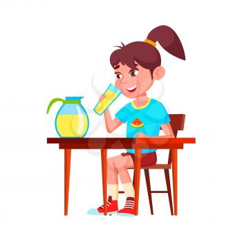Schoolgirl Drinking Lemonade On Breakfast Vector. Smiling Caucasian School Girl Drink Lemonade At Table. Character Lady Enjoying Sweet Delicious Beverage Flat Cartoon Illustration