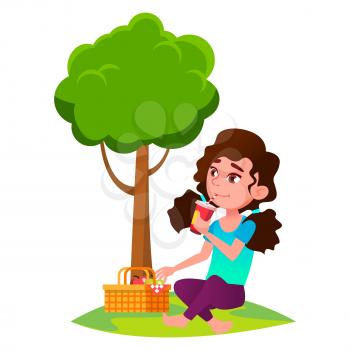 School Girl Drink Vitamin Cocktail Outdoor Vector. Happiness Schoolgirl Drinking Delicious Cocktail And Eating Fruit On Picnic In Park. Character Refreshing Outside Flat Cartoon Illustration