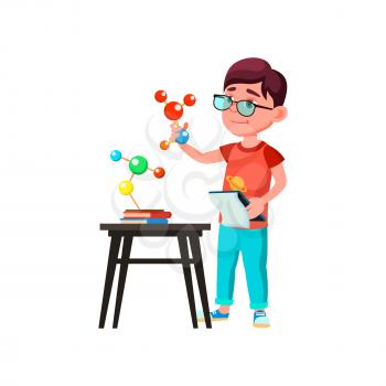 School Boy Scientist Researching Molecule Vector. Smiling Caucasian Schoolboy Research Molecule On Chemistry Lesson In Class And Noting In Notebook. Character Flat Cartoon Illustration