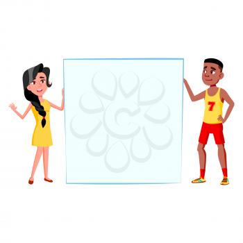 Boy And Girl Students Holding Blank Poster Vector. African Schoolboy And Caucasian Schoolgirl Teenagers Holding Empty Poster Togetherness For Support Sport Team. Characters Flat Cartoon Illustration